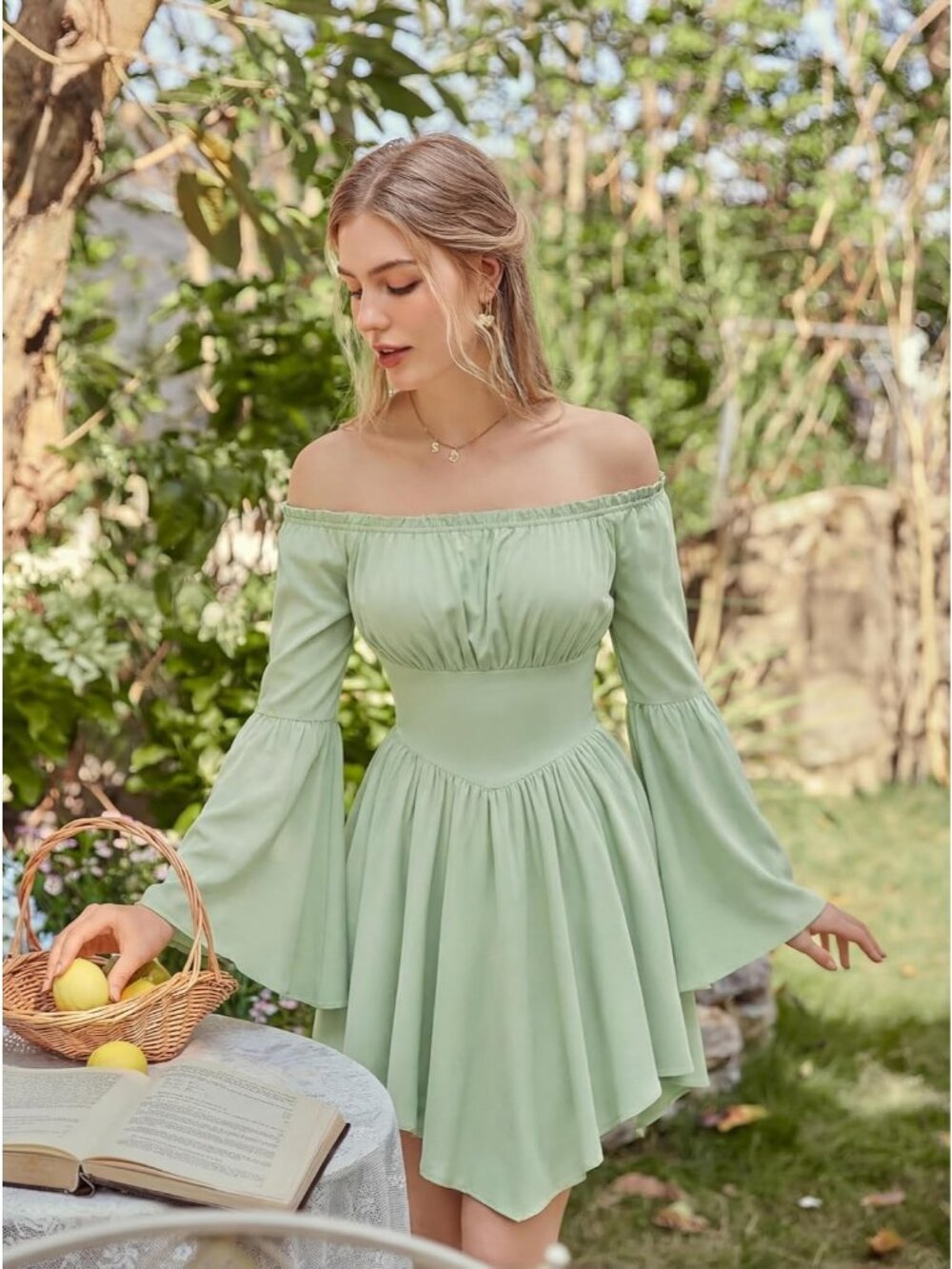 Women Light Green Renaissance Pirate Corset Dress Off Shoulder Medieval Costume - Picture 4 of 6